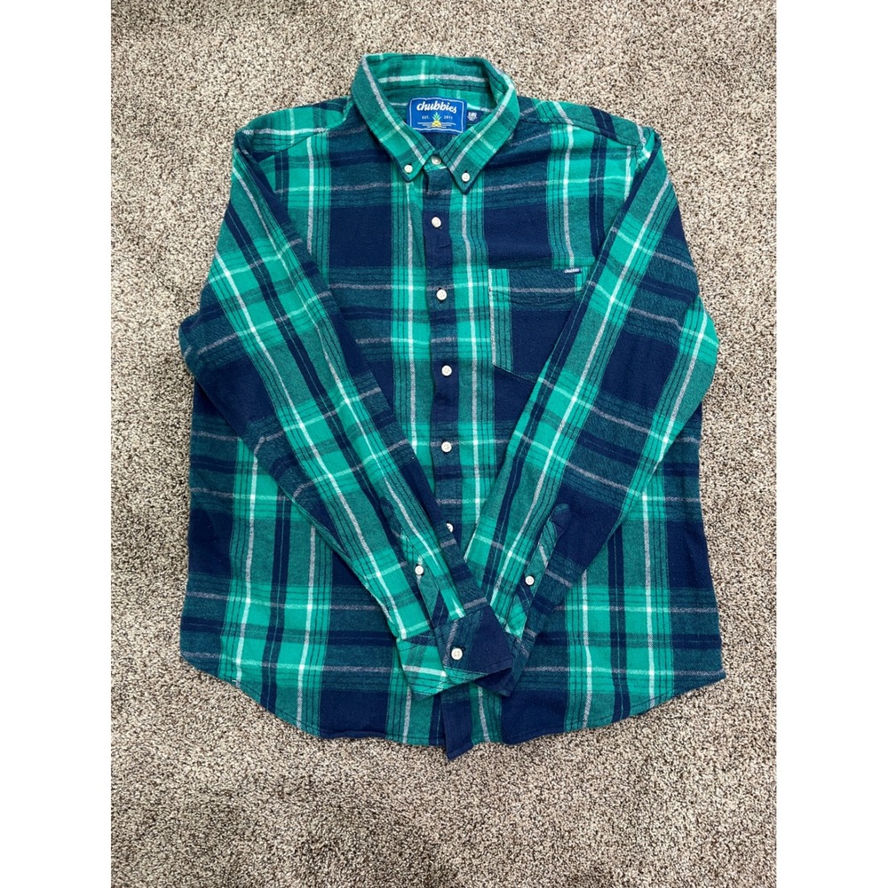 Chubbies Mens XL Flannel Shirt Green Navy Blue Plaid Long Sleeve Button Down